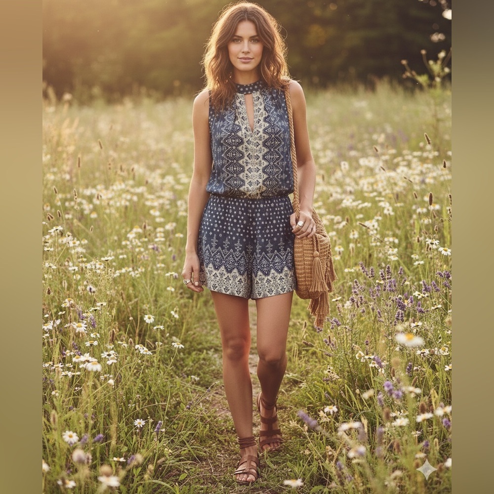 Angie boho geometric print romper blue cream festival indie keyhole hippie M